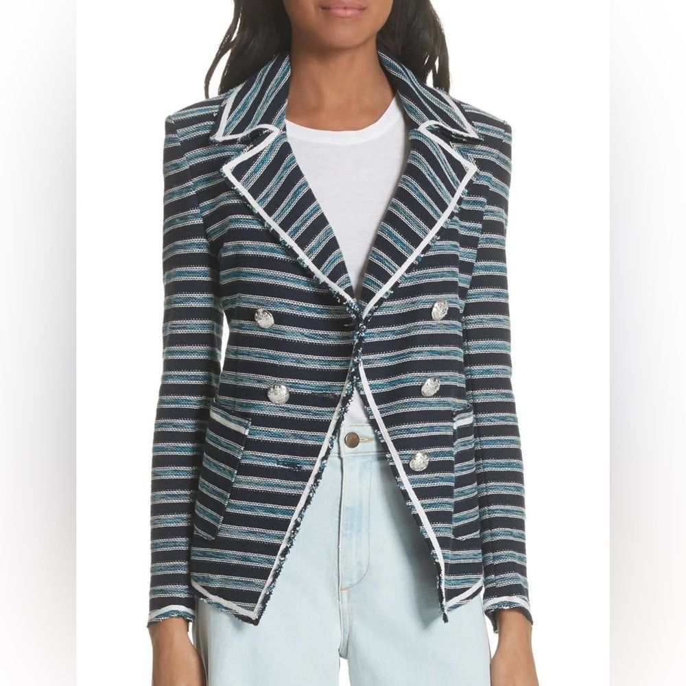 Veronica Beard Carroll Tweed Double Breasted Blazer Dickey Jacket Navy Turquoise